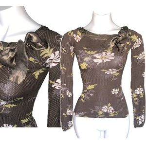 Retro Y2K Cote Femme Bateau Floral Neck Tie Stretch Top